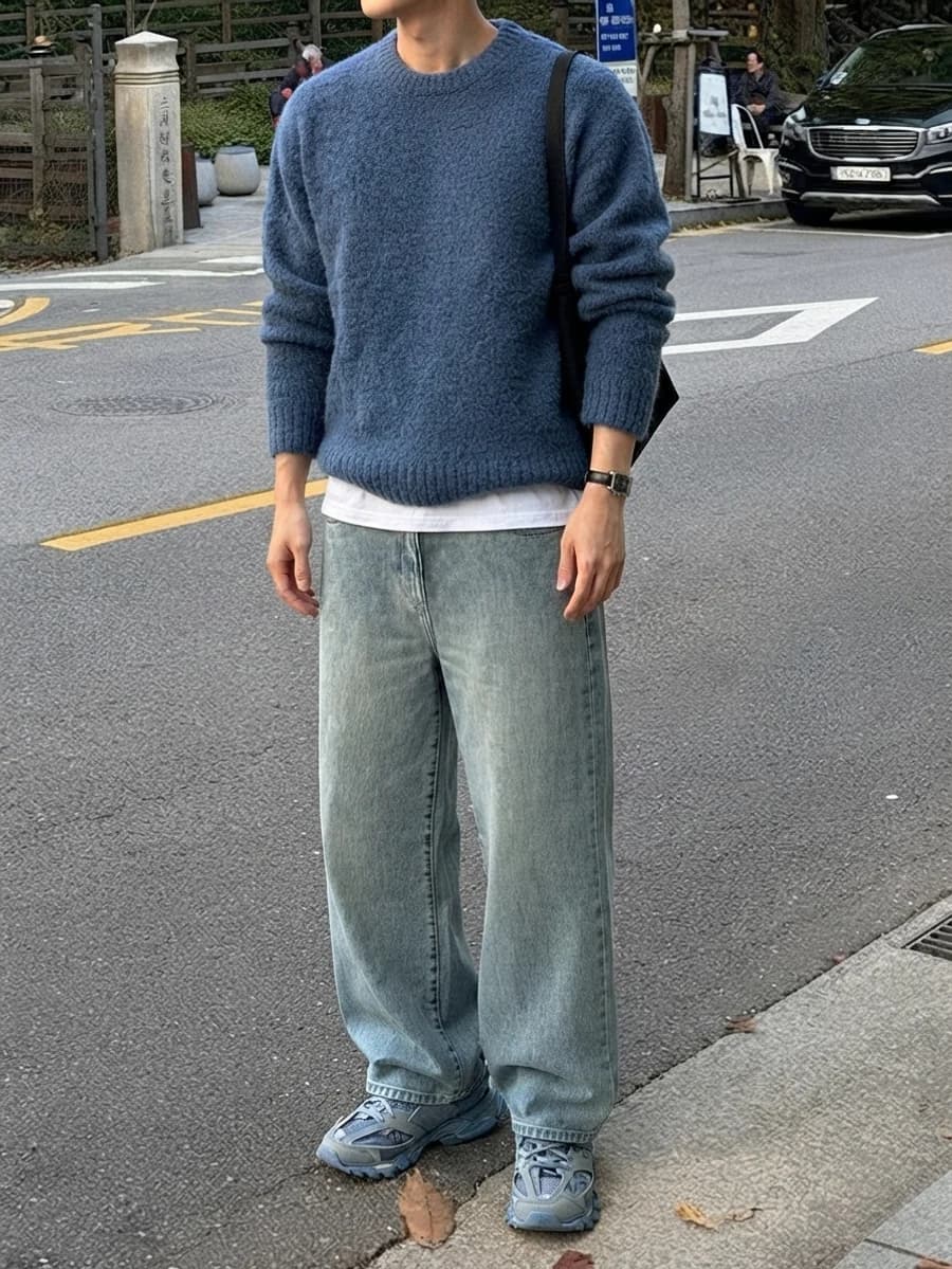 Men's autumn outfit: dusty blue fuzzy sweater with light-wash wide jeans and blue sneakers