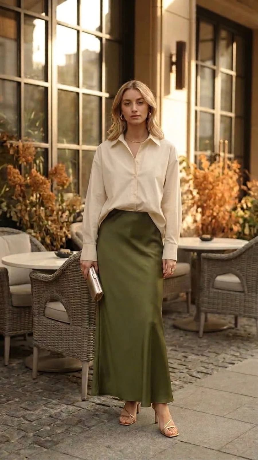 Dinner date outfit: cream oversized shirt half-tucked into an olive satin slip skirt with gold sandals