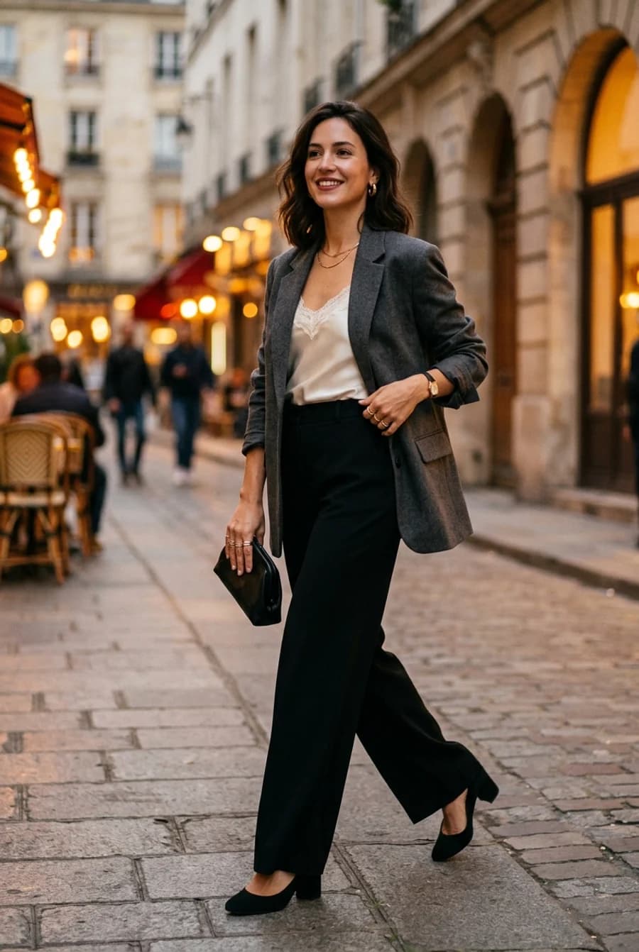 Dinner date outfit: black wide-leg trousers with a cream lace-trim camisole and grey blazer