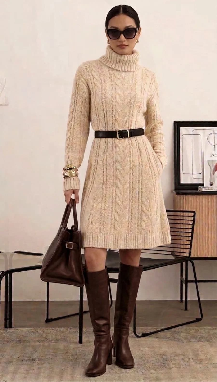 Dinner date outfit: cream cable-knit sweater dress with a black leather belt and knee-high boots