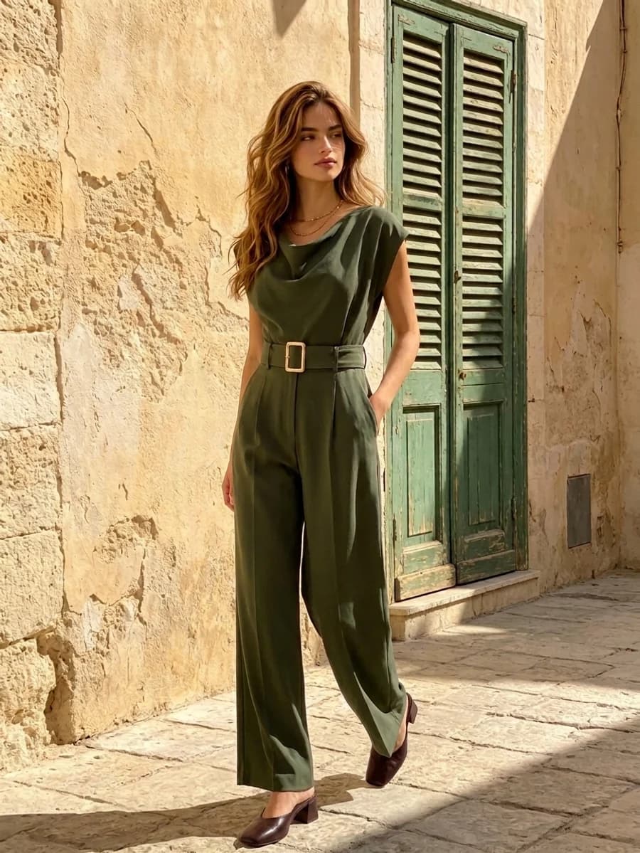 Dinner date outfit: olive green belted jumpsuit with wide legs and brown block-heel mules