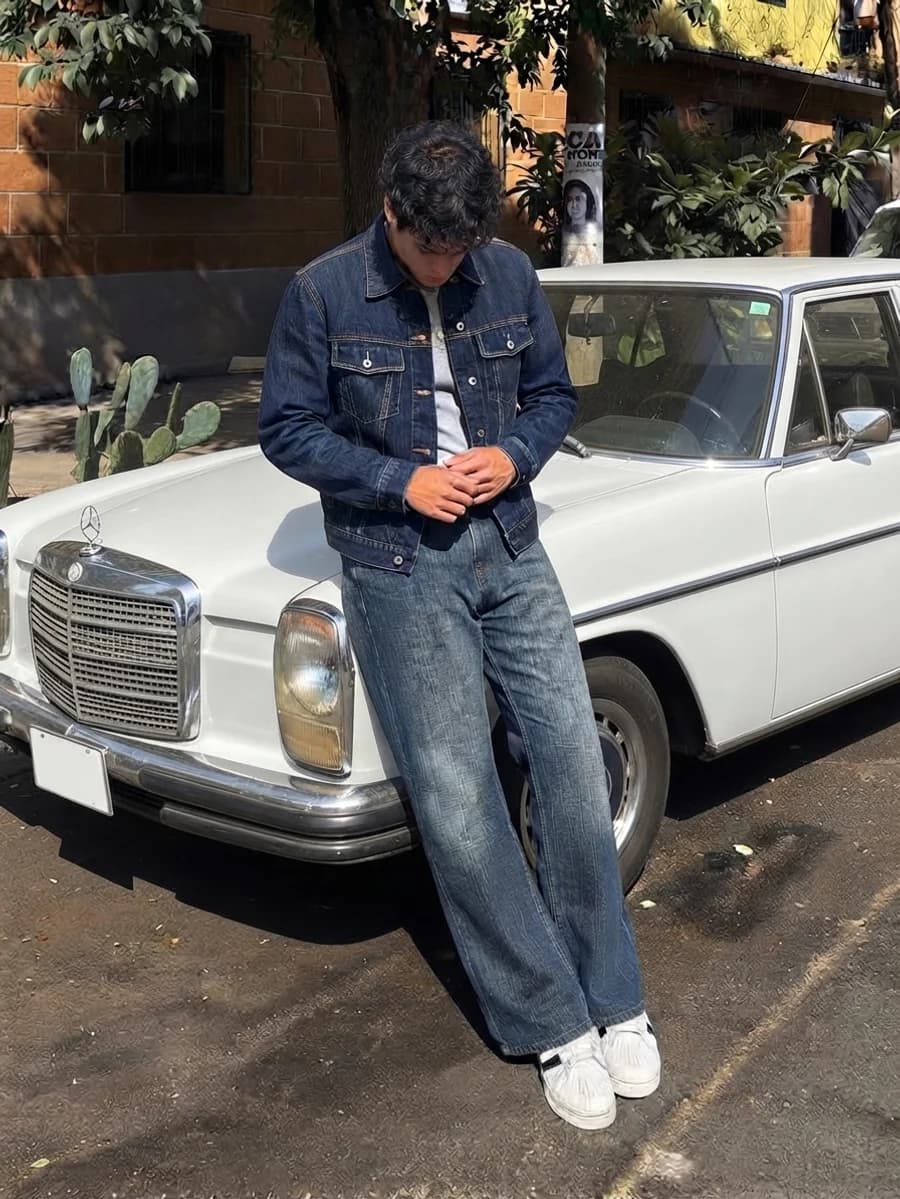 Everyday street style: denim jacket, grey tee and relaxed jeans