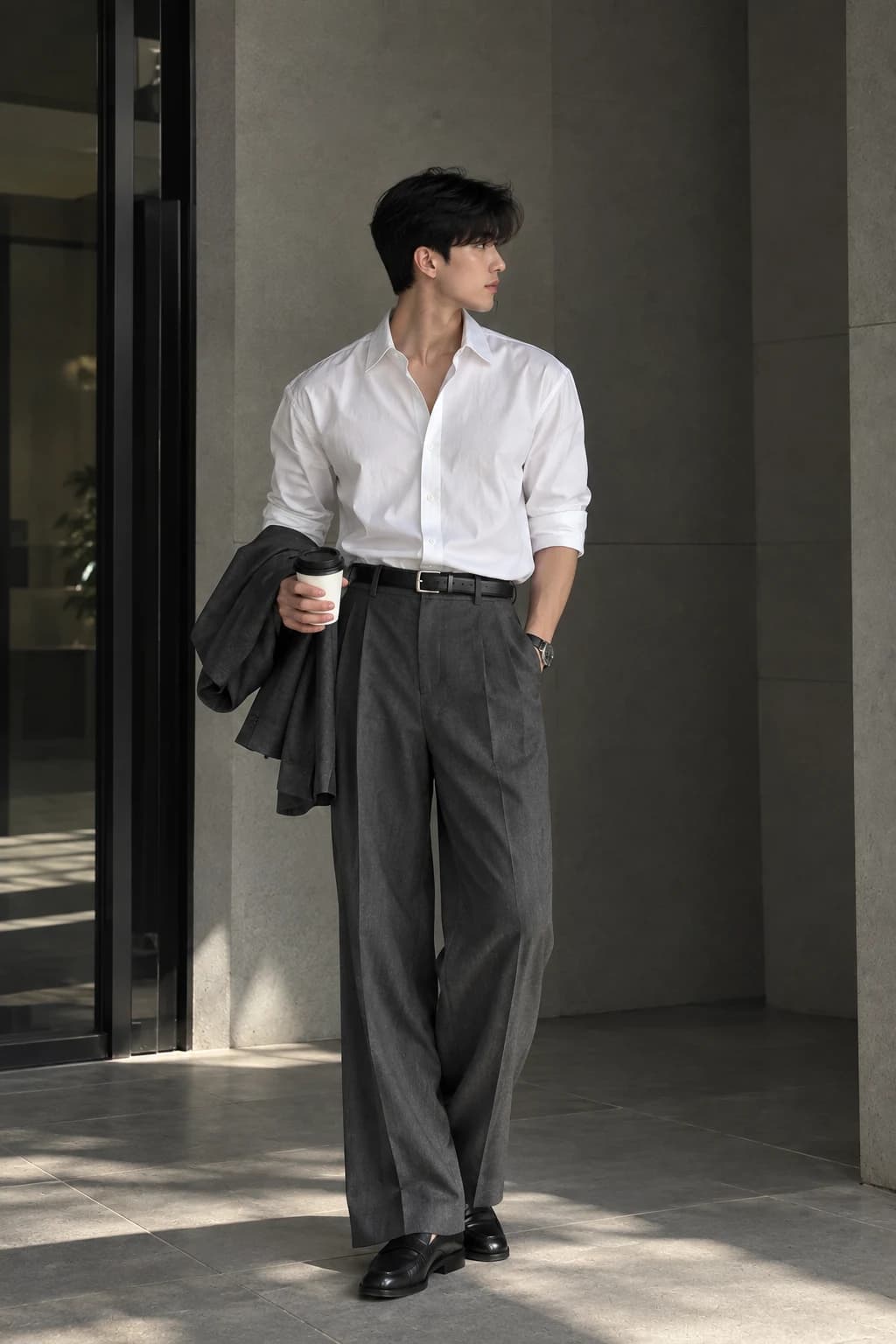 Men's outfit: white shirt with grey wide trousers, leather belt and penny loafers
