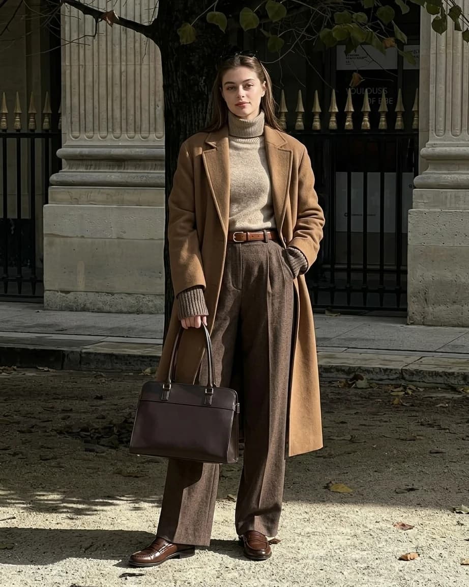 Quiet luxury outfit: camel wool overcoat over a ribbed turtleneck with brown wide-leg trousers and leather loafers