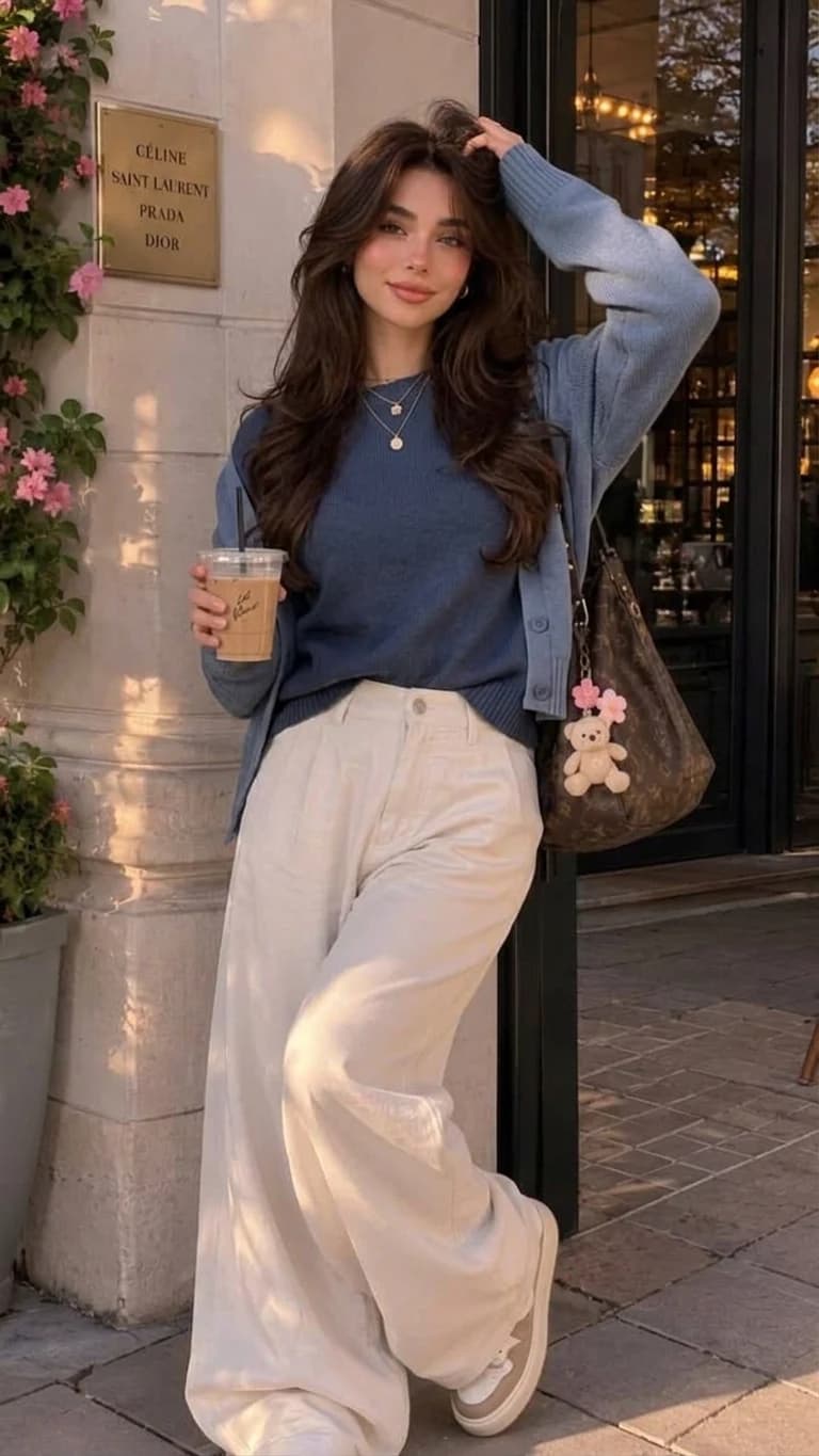 Quiet luxury outfit: layered fine-gauge knits in blue with cream wide-leg trousers