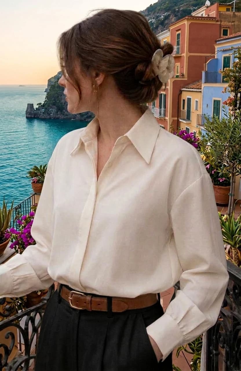 Quiet luxury outfit: cream linen shirt tucked into dark pleated trousers with a leather belt