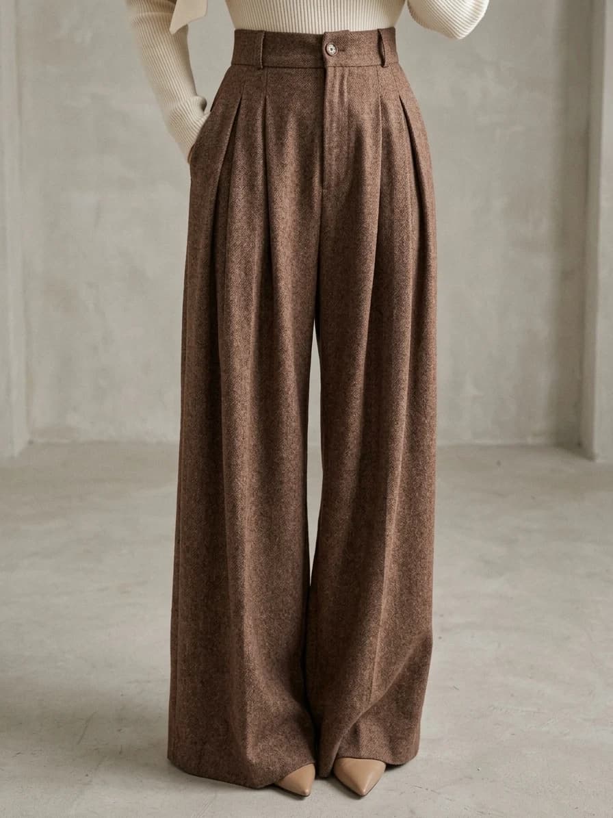Quiet luxury outfit: chocolate brown wide pleated wool trousers with a cream knit tucked in