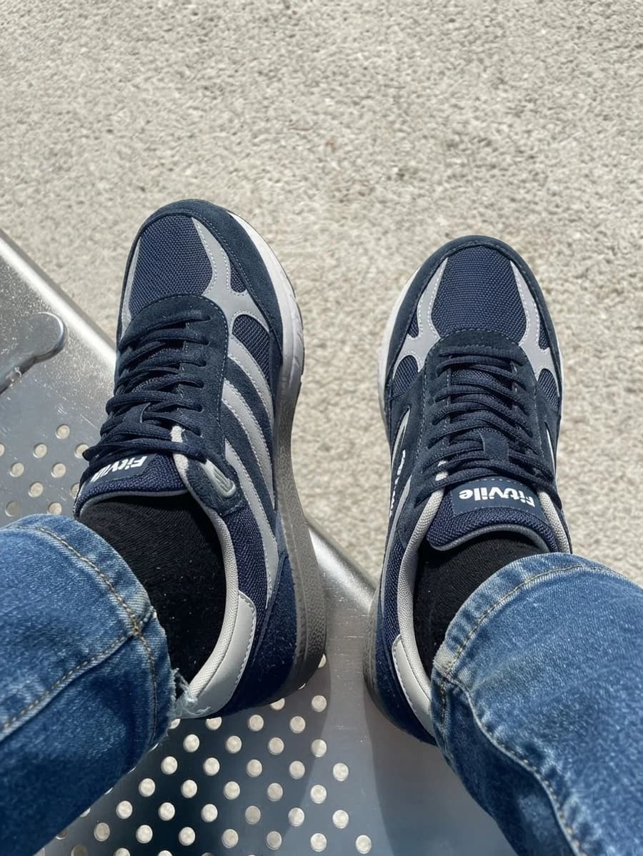 Men's navy walking sneakers with grey accents worn with blue denim