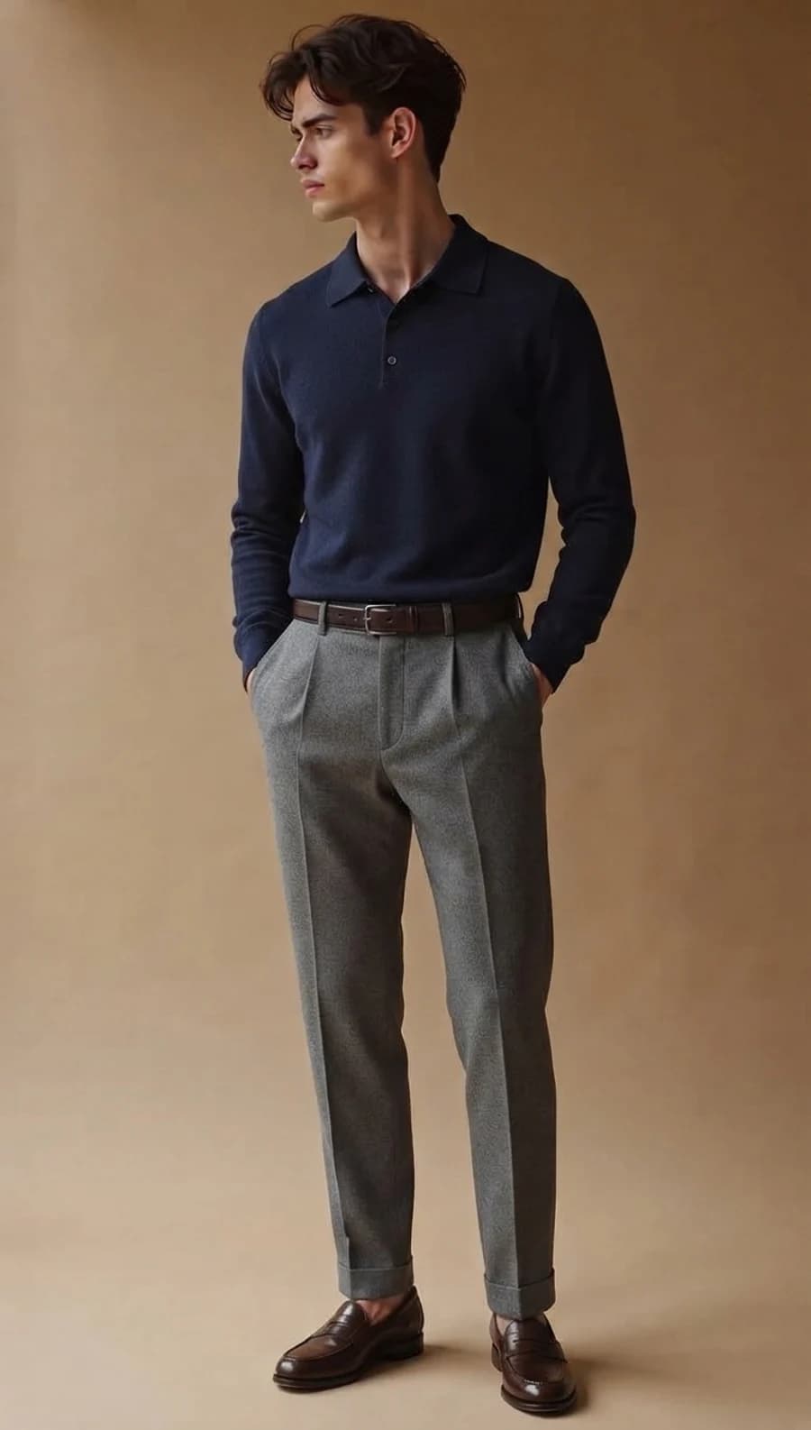 Smart casual outfit: navy knitted polo tucked into grey pleated trousers with brown loafers