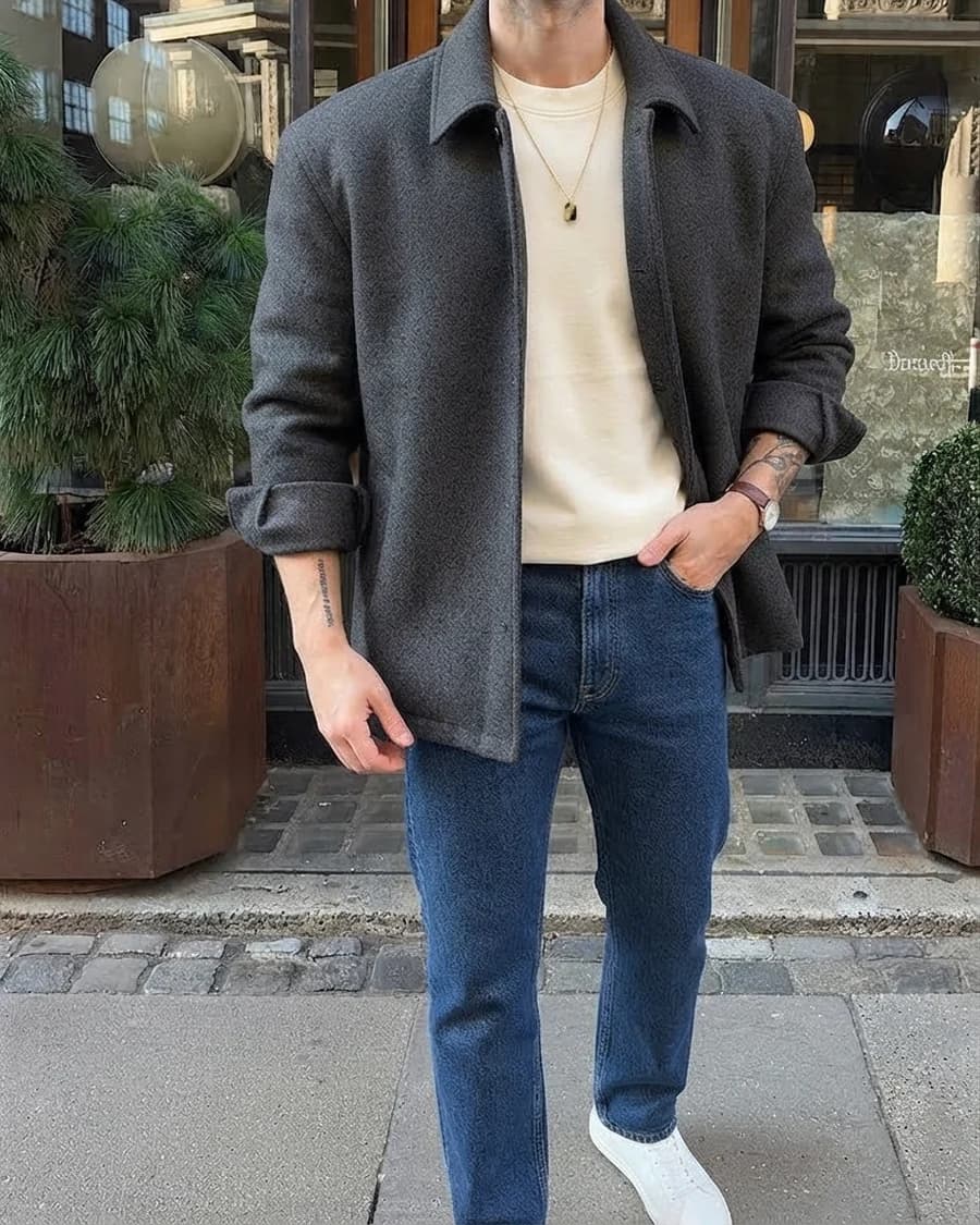 Smart casual outfit: charcoal wool overshirt over a cream tee with straight denim and white sneakers