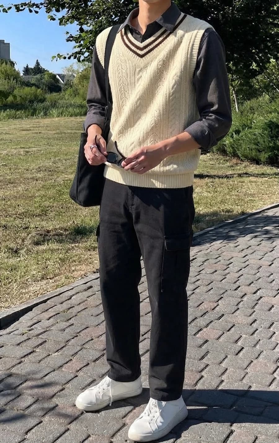Men's spring outfit: cable-knit vest over a grey shirt with black cargo trousers