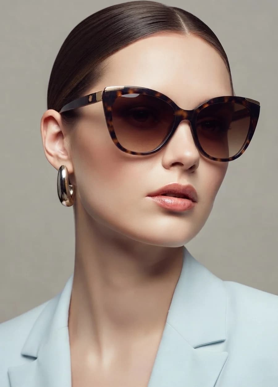 Women's tortoiseshell cat-eye sunglasses with gradient brown lenses and a pale blue blazer