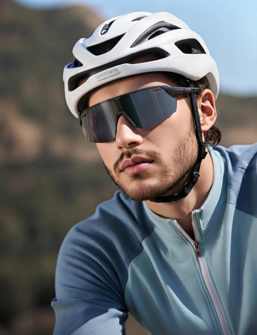Men's wraparound cycling sunglasses with a white helmet and blue cycling jersey