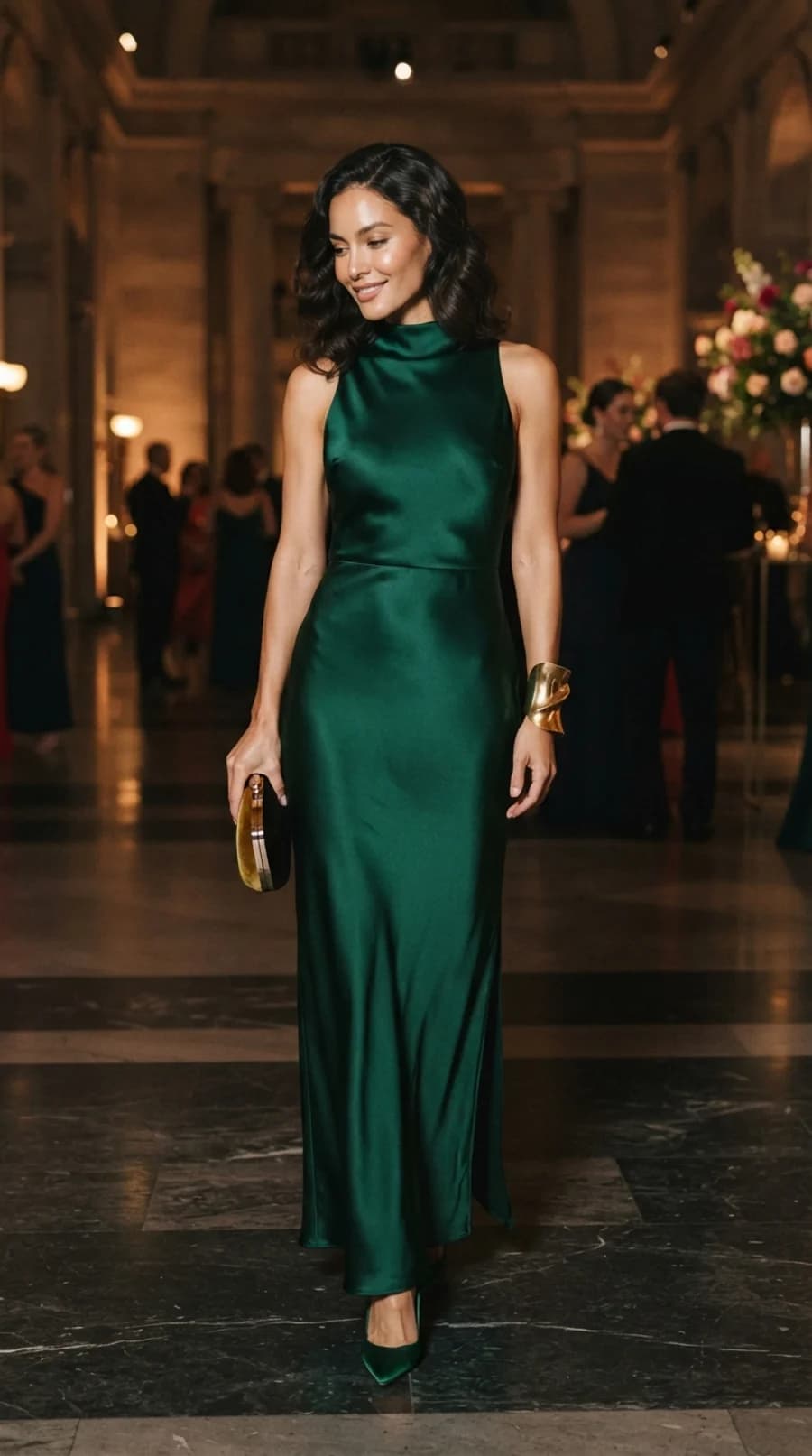 Black tie wedding guest outfit: emerald green satin midi dress with a gold cuff and matching heels