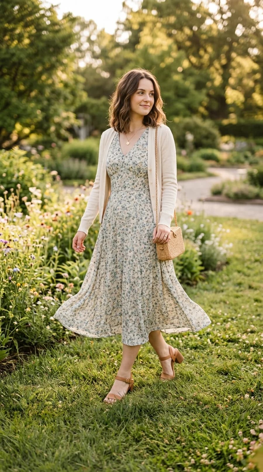 Garden wedding guest outfit: botanical floral midi dress with a cream cardigan and woven crossbody bag