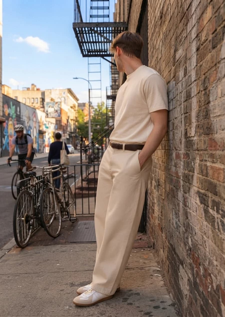 Tonal weekend outfit: cream tee tucked into matching wide chinos with gum-sole trainers