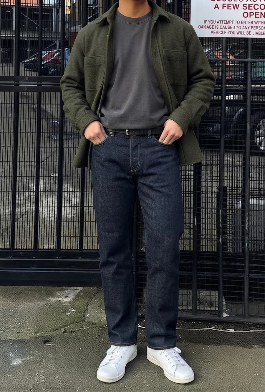 Weekend denim: olive overshirt over a charcoal tee with dark straight jeans and white sneakers