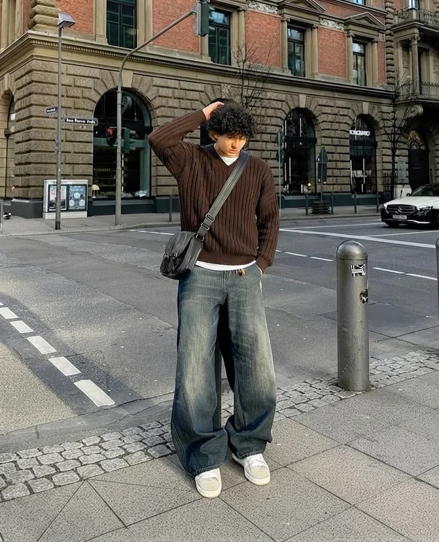 Men's autumn style guide: brown ribbed sweater with wide faded jeans and white sneakers