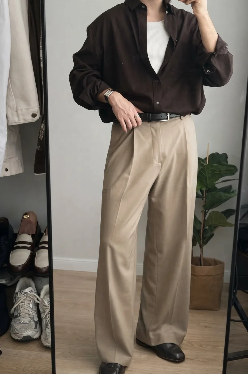Beige pleated trousers with a black belt, styled with a brown shirt over a white tank