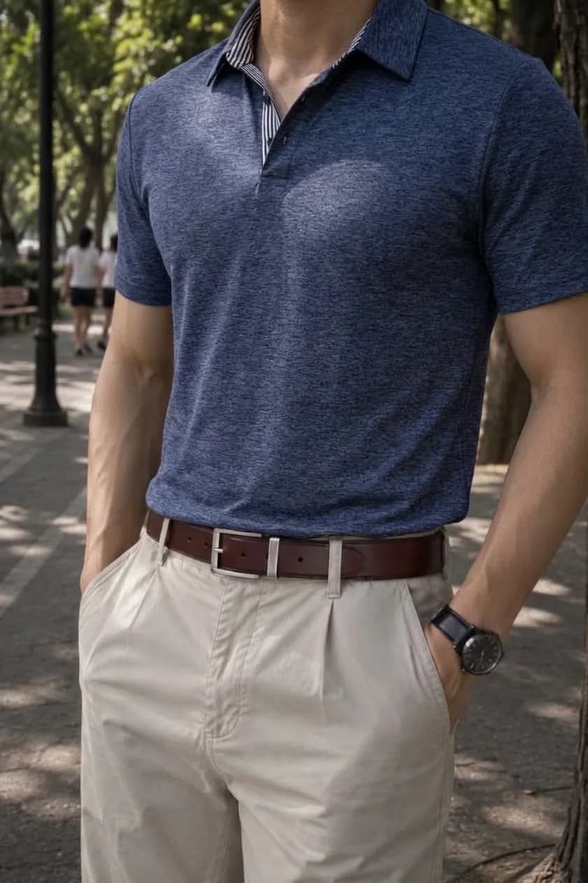 Man in a heathered navy polo and beige pleated trousers with a brown leather belt, hands in his pockets