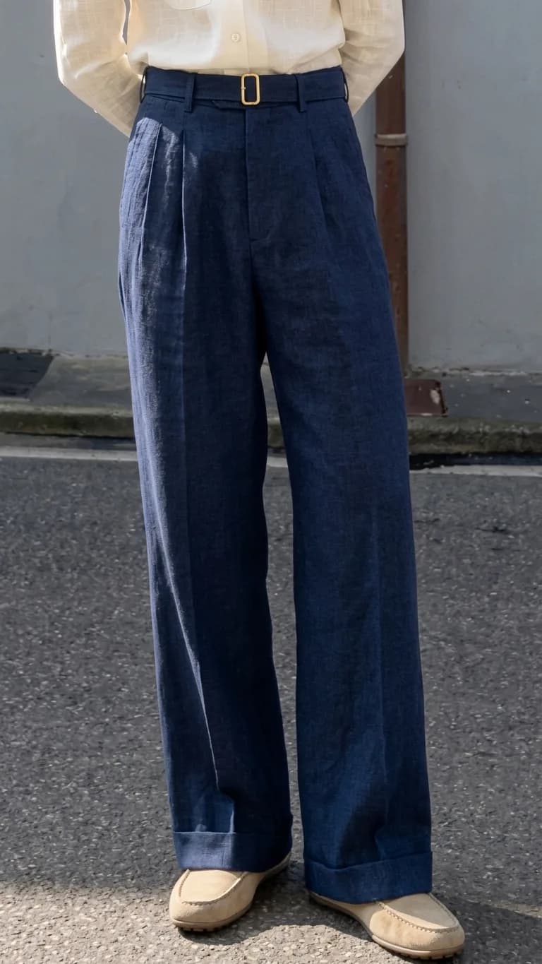Navy pleated trousers with a turned-up hem, a gold-tone buckle, and beige loafers
