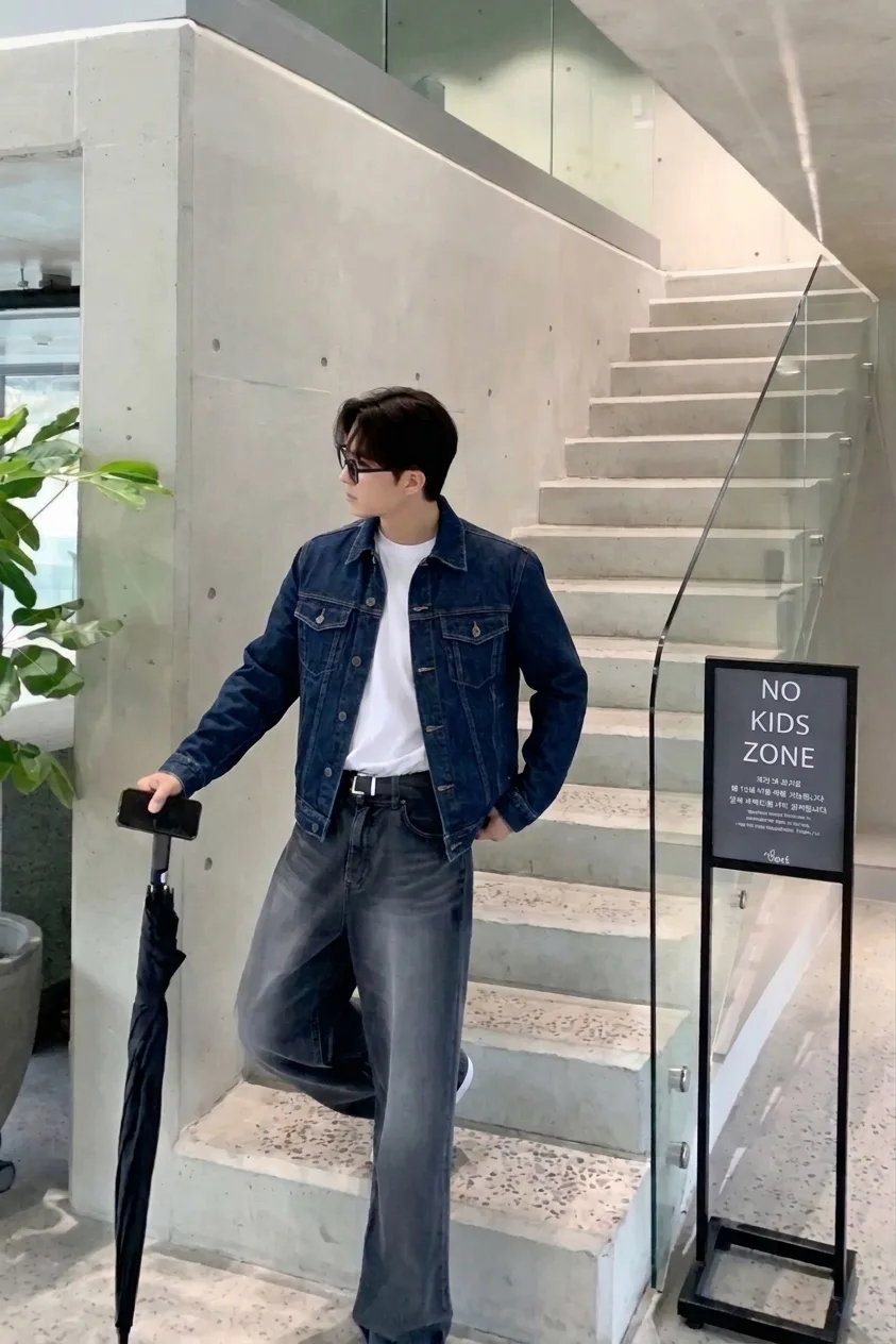 Man in a dark denim jacket over a white T-shirt and faded jeans, holding a phone and a closed umbrella