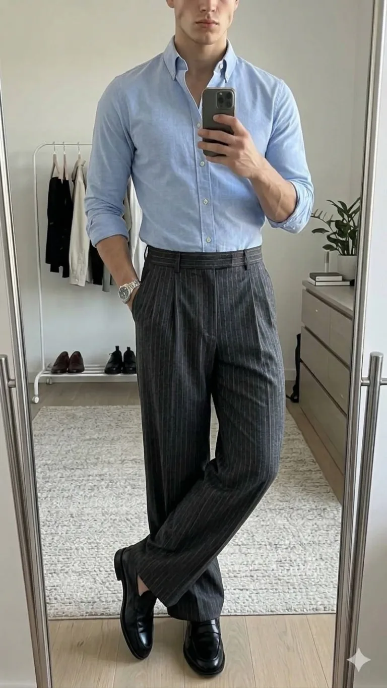 Man in a light blue Oxford shirt and grey pinstripe trousers with black loafers, taking a mirror photo