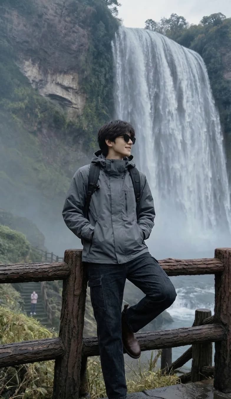 Man in a grey hooded rain jacket, dark jeans, and brown boots, standing by a waterfall