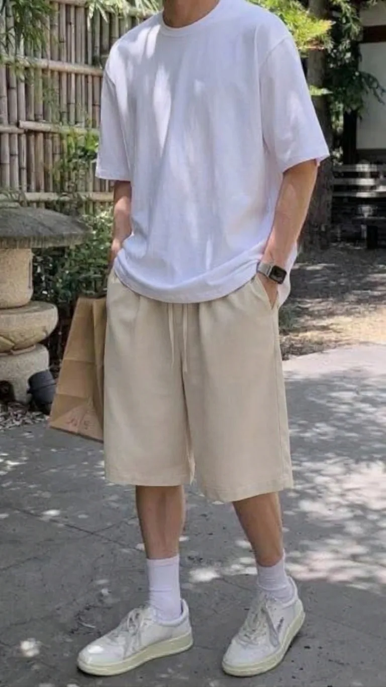 Man in a white T-shirt, beige shorts, white socks, and white sneakers