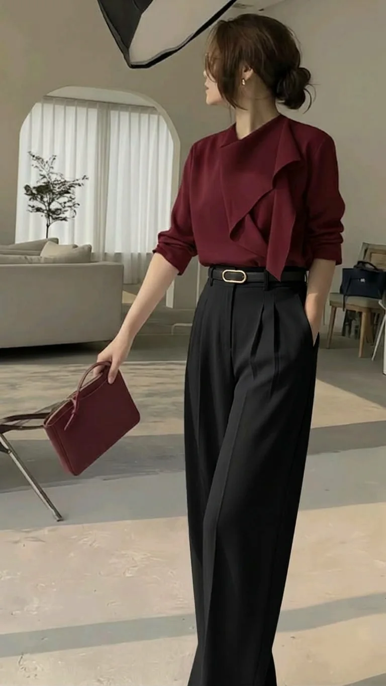High-waisted black pleated trousers with a slim belt, styled with a burgundy blouse
