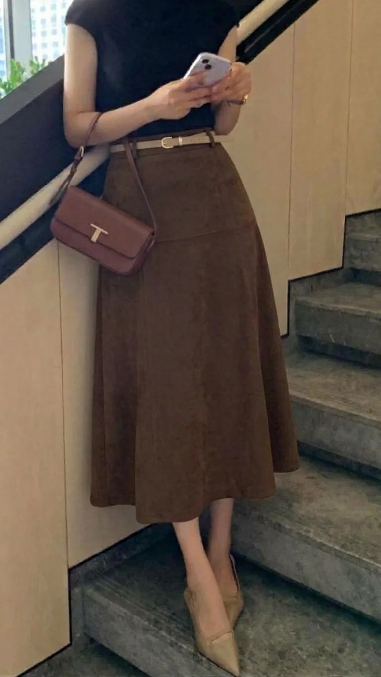 Brown A-line midi skirt with a thin belt, black top, and beige pointed flats