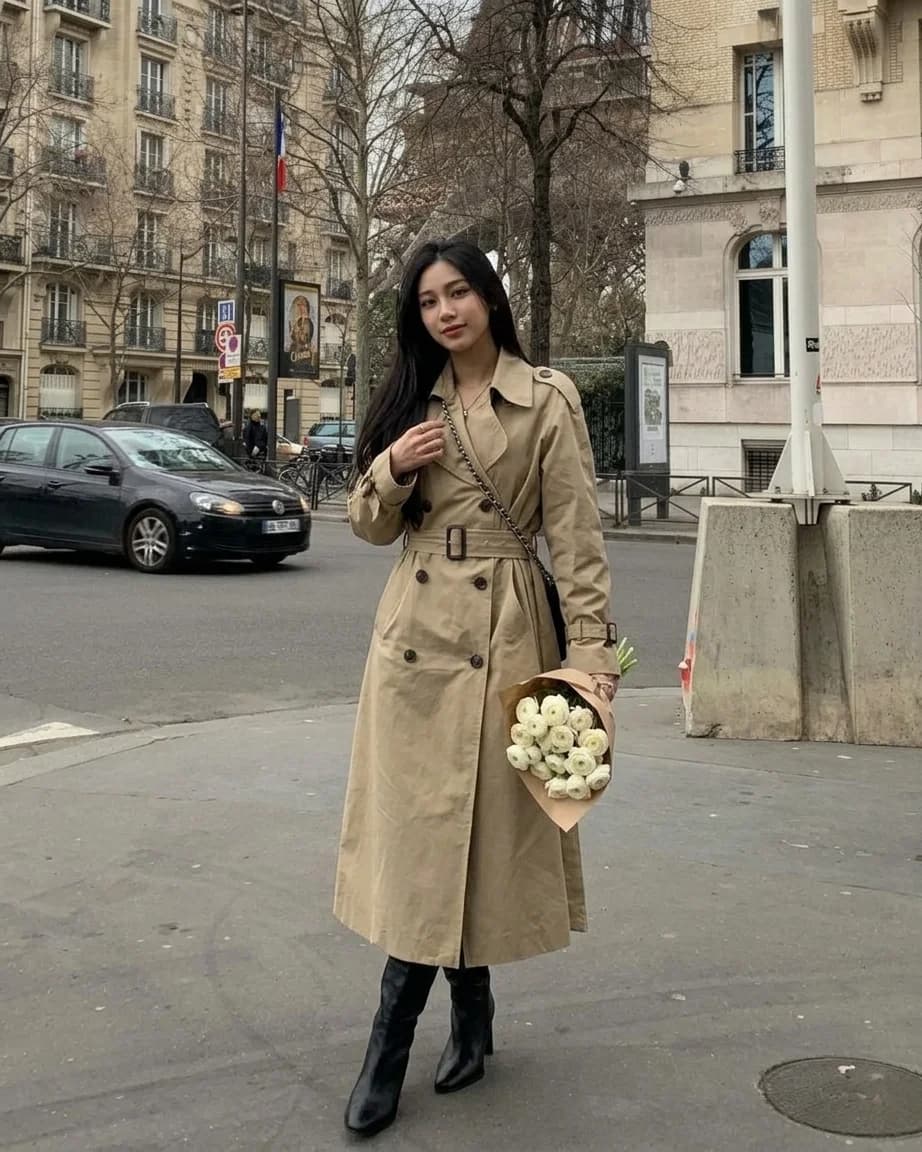 Beige double-breasted trench coat with black boots, holding a bunch of white flowers