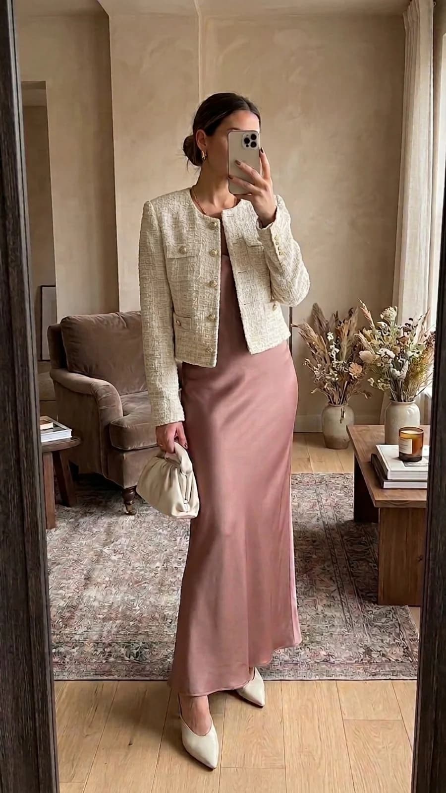 Dinner date outfit: dusty rose satin slip dress with a cropped cream bouclé jacket and pointed pumps