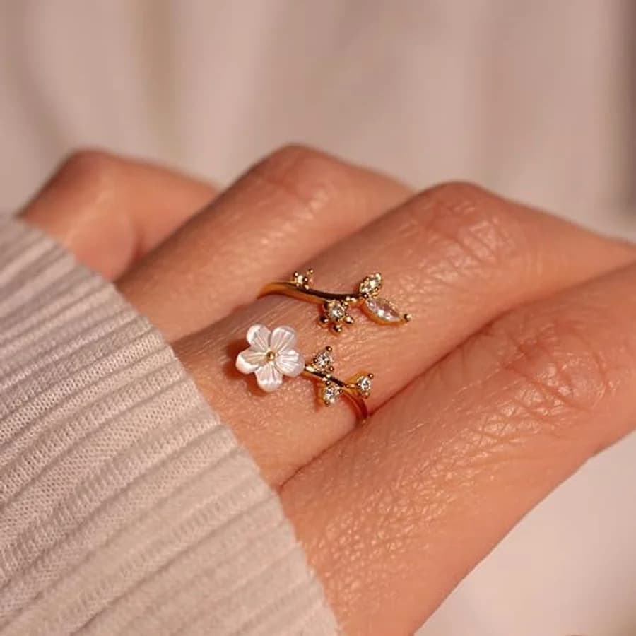 Adjustable gold cherry blossom ring with pearl flower and crystal stems