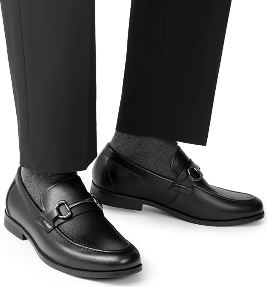 Office footwear: black horsebit loafers with charcoal dress socks and tailored black trousers