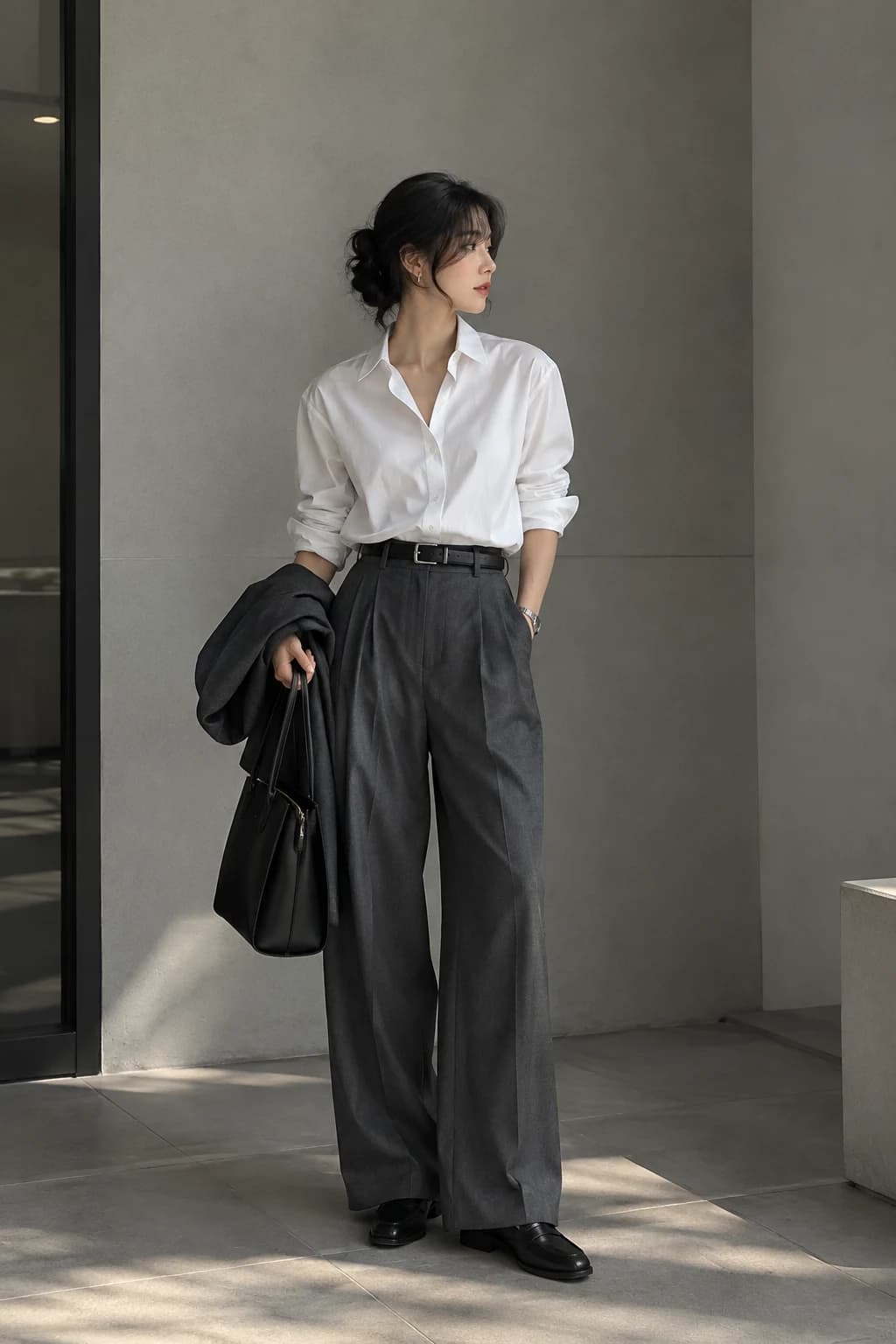 Women's Monday office uniform: white poplin shirt tucked into grey wide trousers with loafers and a blazer over the arm