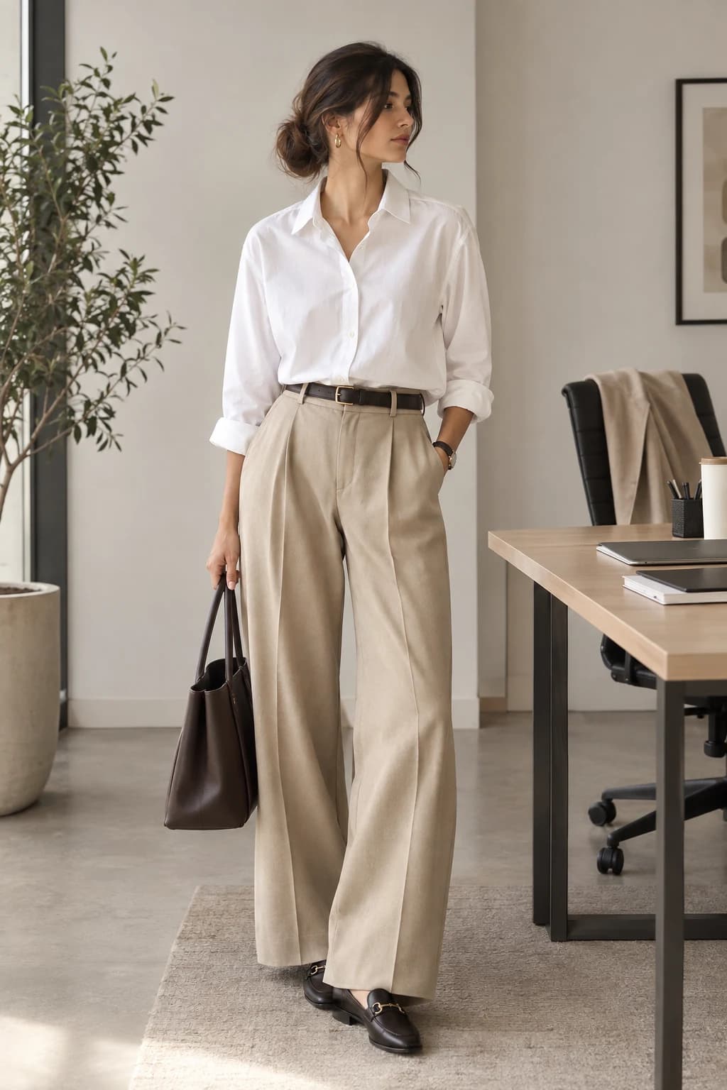 Office outfit: white poplin shirt tucked into beige wide-leg trousers with brown loafers