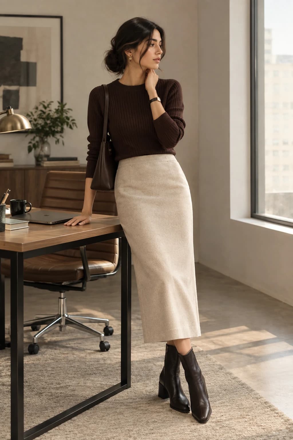 Office outfit: ribbed brown knit with a beige pencil midi skirt and ankle boots