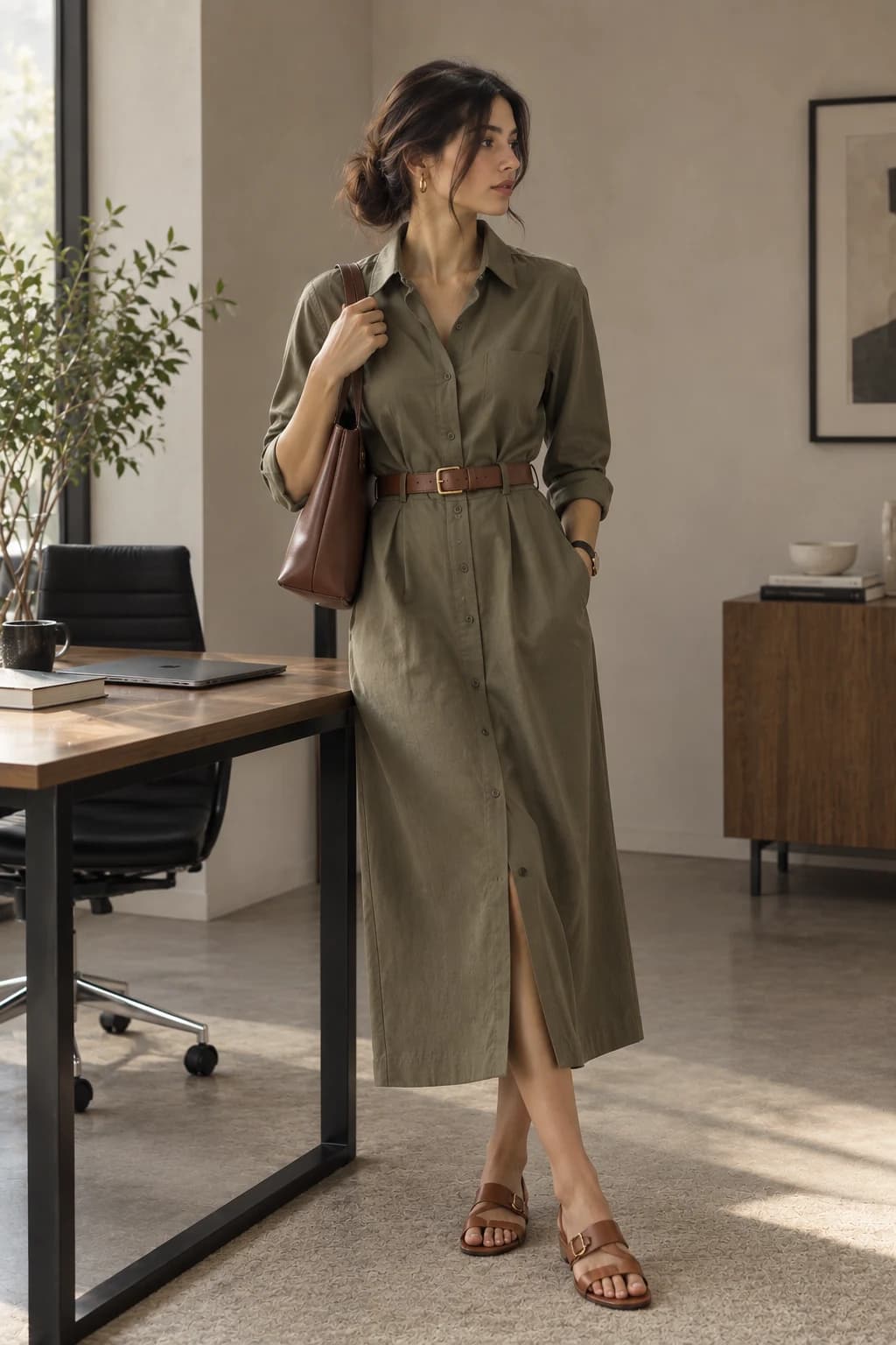 Office outfit: olive shirt dress cinched with a brown leather belt and flat sandals