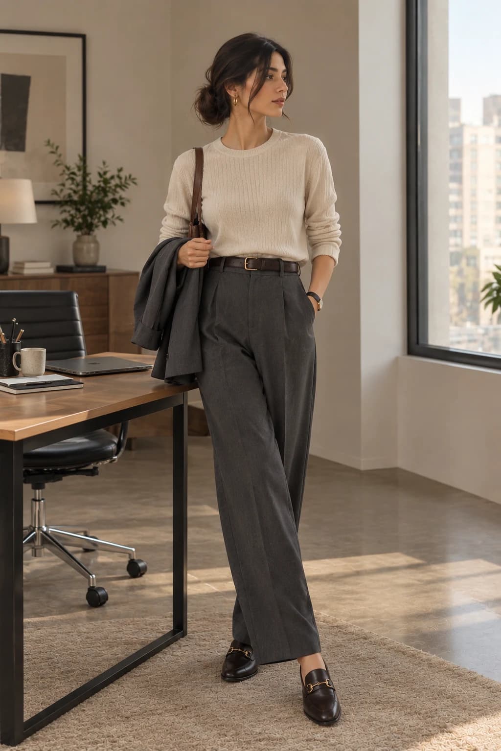 Office outfit: cream fine knit with grey wide trousers and a blazer carried over the arm