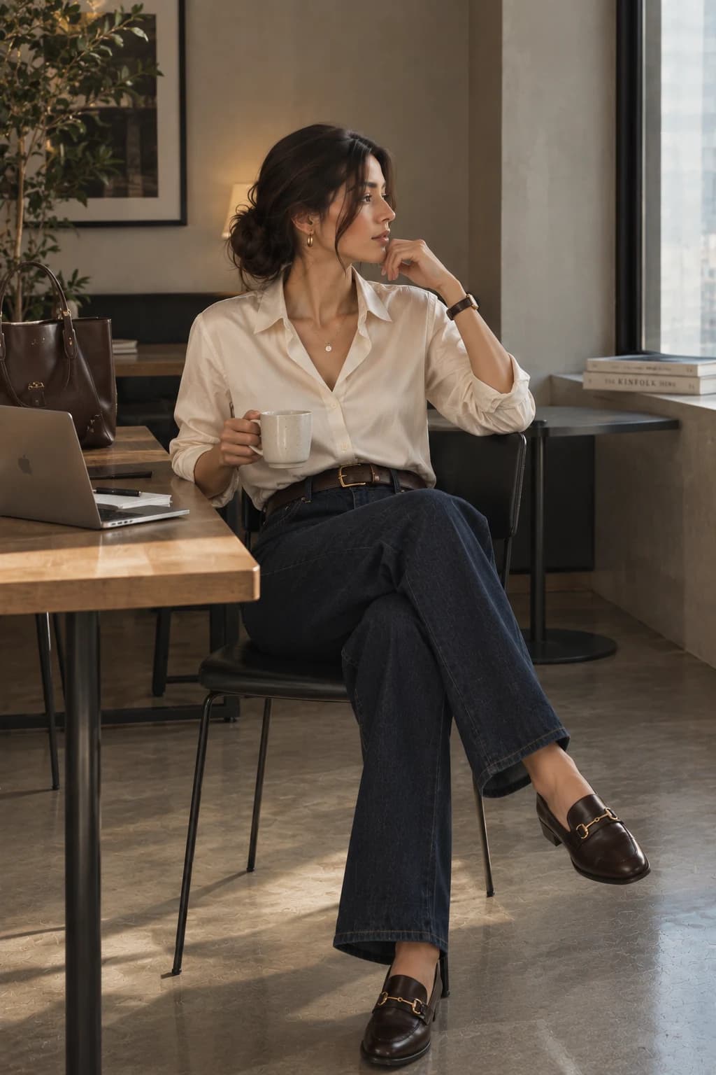 Office outfit: cream silk shirt with dark straight jeans and brown horsebit loafers