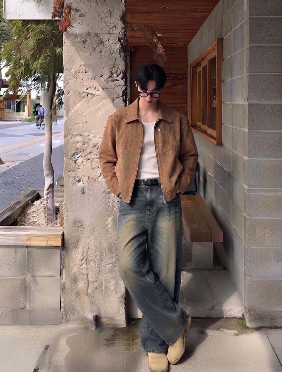 Smart casual outfit: brown suede jacket open over a white tank with wide-leg vintage-wash jeans and tan boots