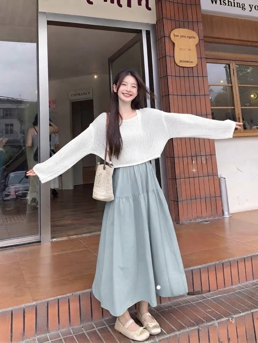 Spring outfit: white crochet top with a sage tiered maxi skirt and ballet flats
