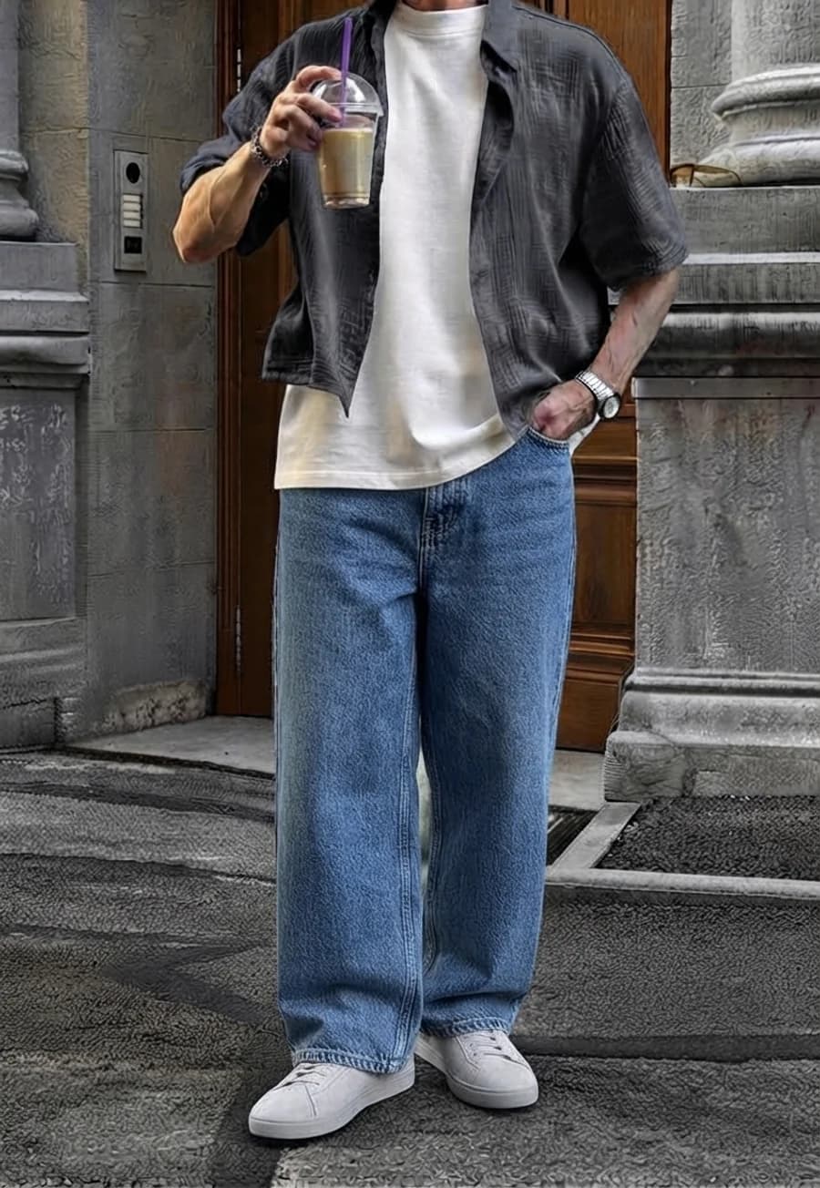 Relaxed streetwear: charcoal open shirt over a white tee with medium-wash straight jeans and white sneakers