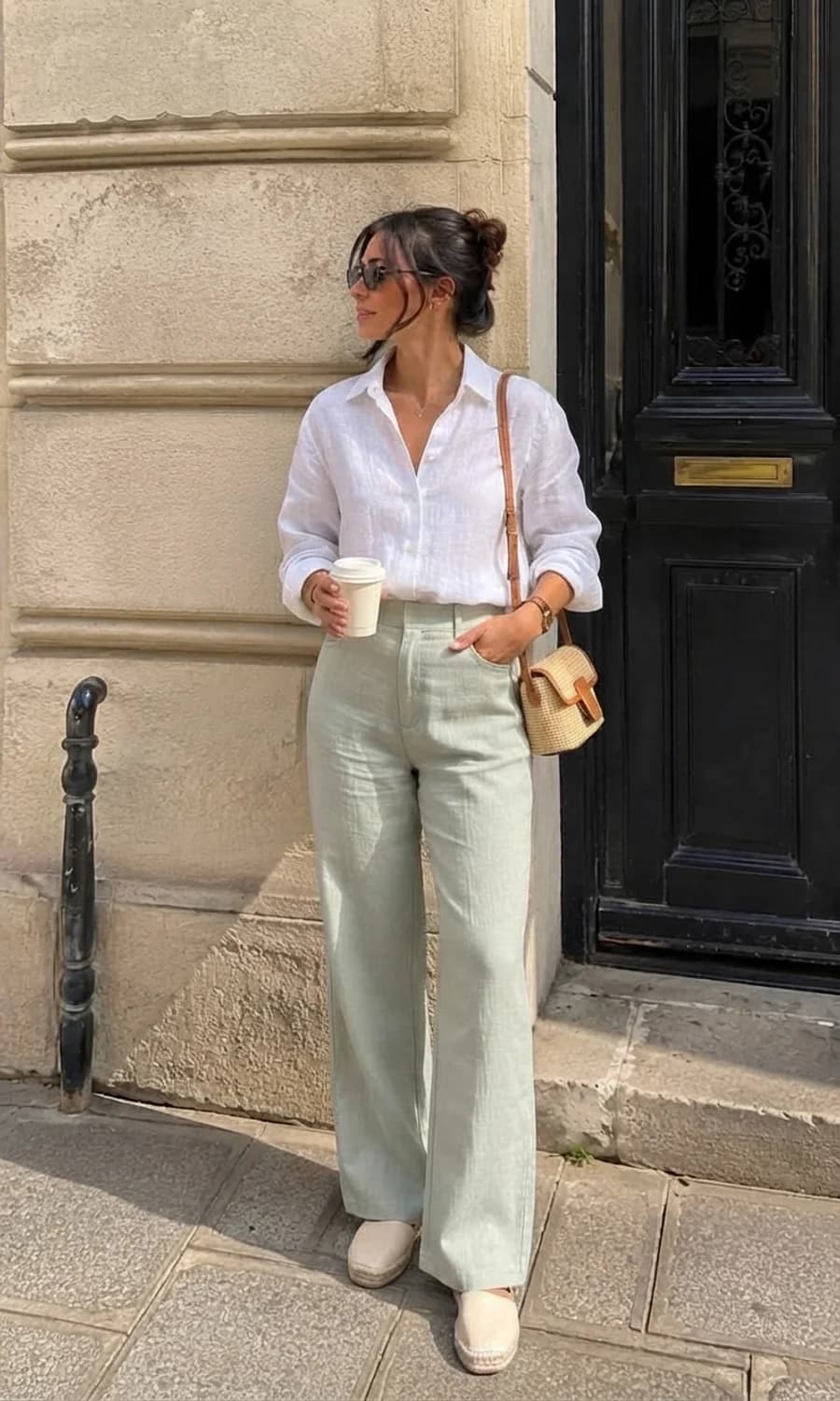 Summer outfit: white linen shirt tucked into sage wide-leg trousers with espadrilles