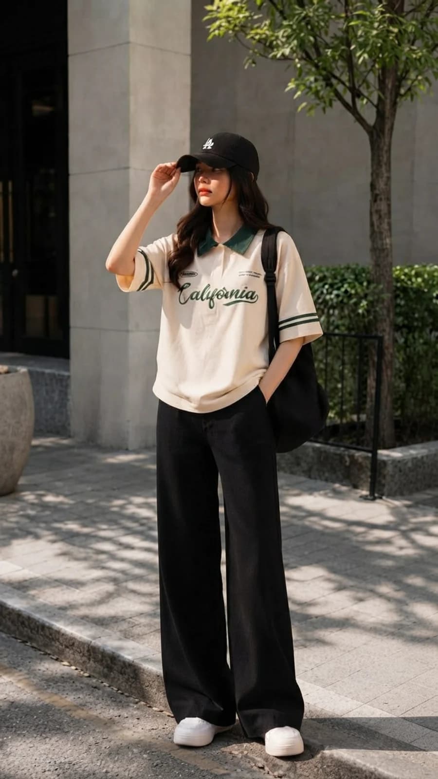 Women's summer outfit: cream polo with black wide-leg trousers and white trainers