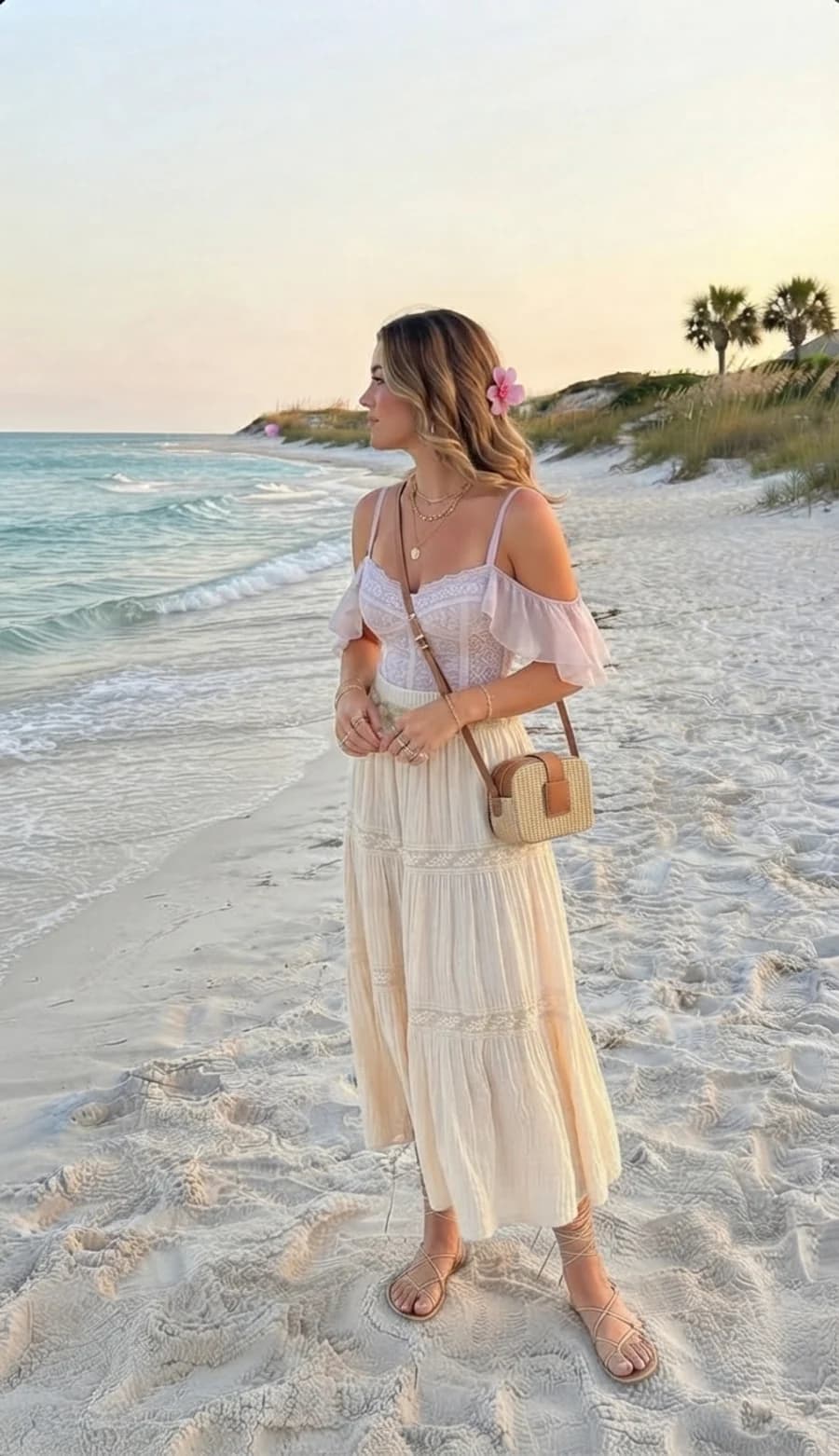 Beach vacation outfit: lavender lace top with a cream tiered maxi skirt and flat wrap sandals