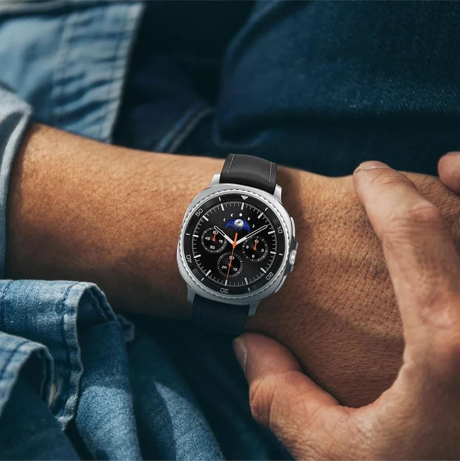 Samsung Galaxy Watch 8 Classic with a grey leather strap on denim