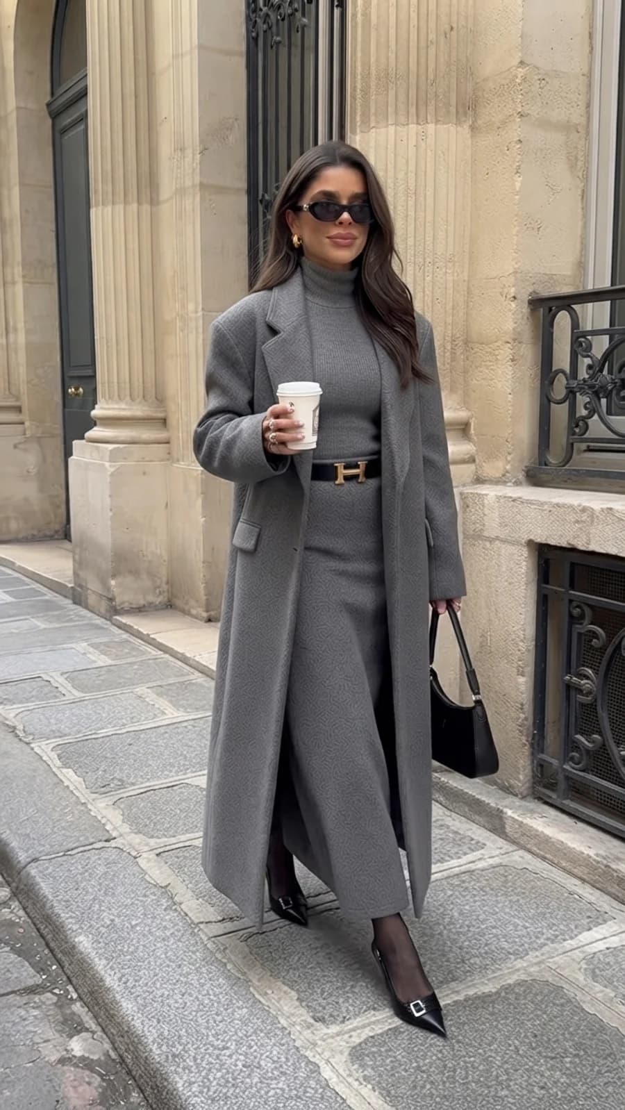 Winter outfit: long grey wool coat with a ribbed turtleneck maxi and black slingbacks