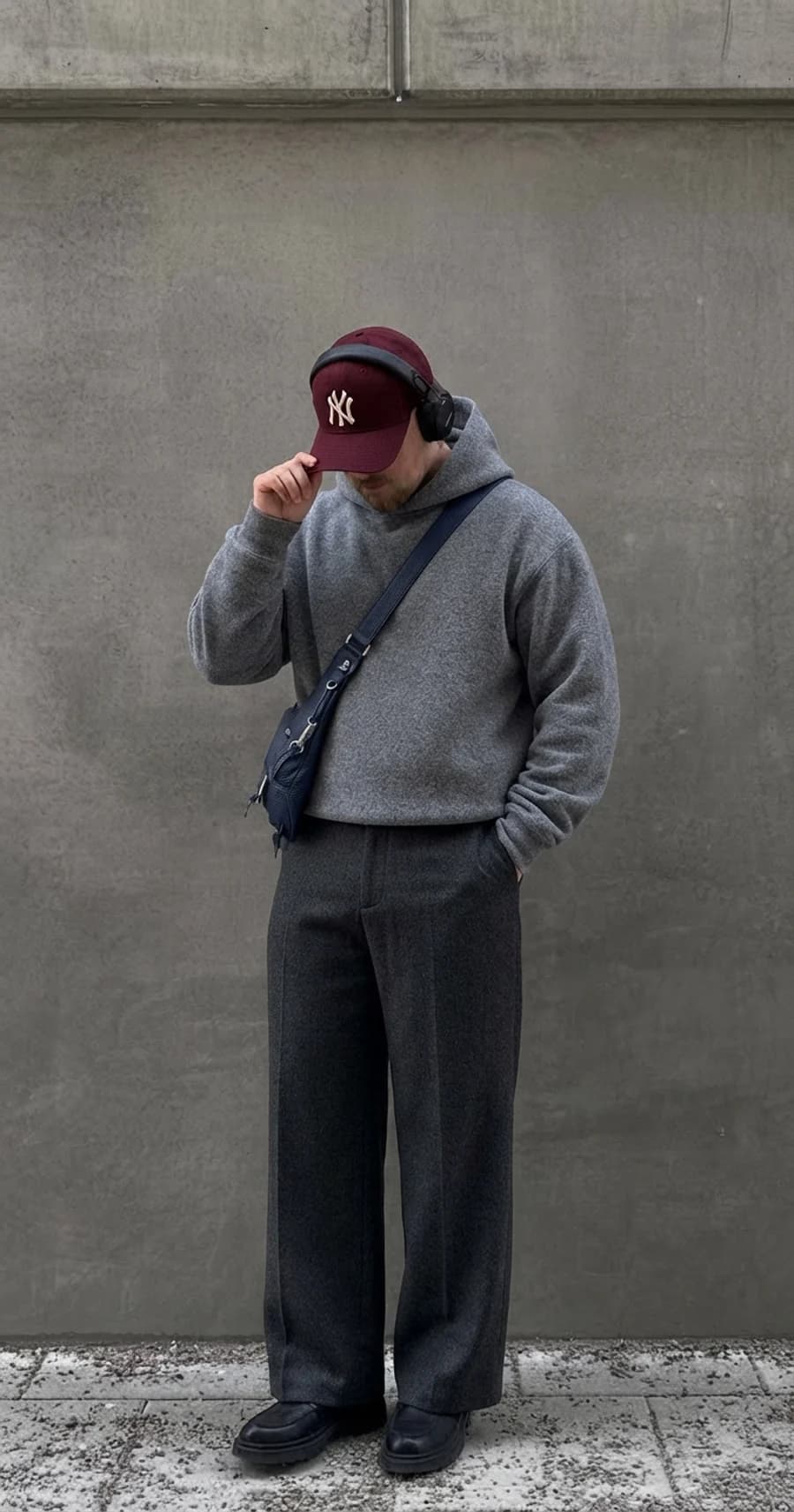 Men's winter outfit: grey heavyweight hoodie with wide charcoal trousers and lug-sole shoes